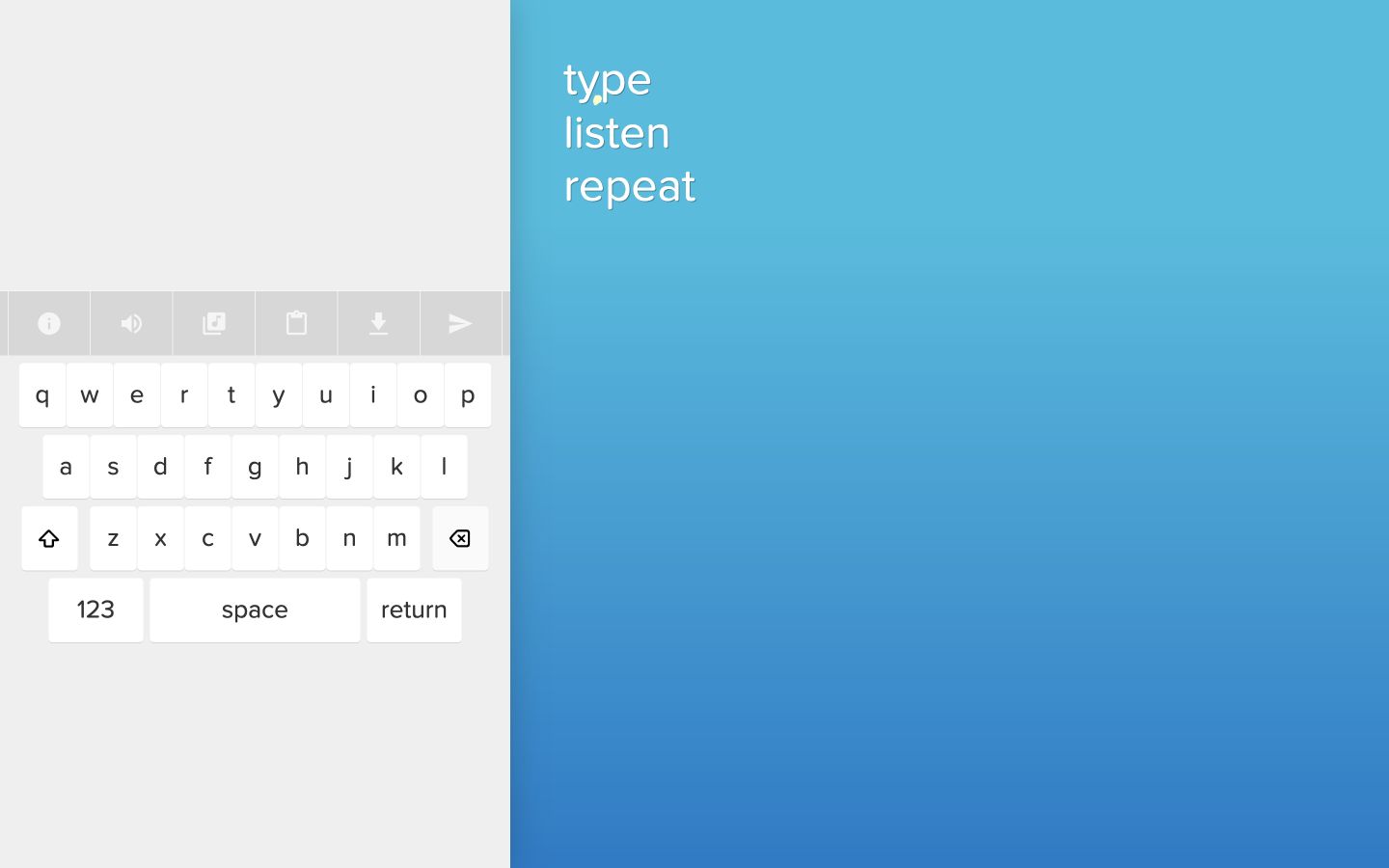 Typatone: клавиатура и фраза type, listen, repeat на цветном поле.
